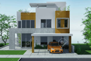 Modern House With Carport Lawn With Mini Garden 3D Rendering Photo Example for Modern House With Carport